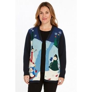 The Quacker Factory Snowman Winter Holiday Sweater Embroidered Beaded Cardigan‎